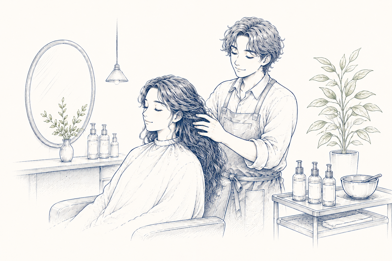 施術中のサロンシーン。スタイリストがお客様の髪に丁寧に向き合っている。